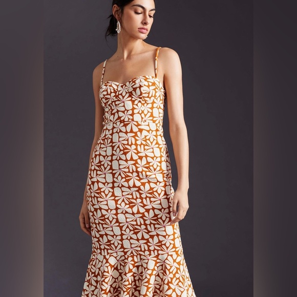Anthropologie Hutch brown motif cream Floral Slim Midi Dress size large new - Picture 3 of 10